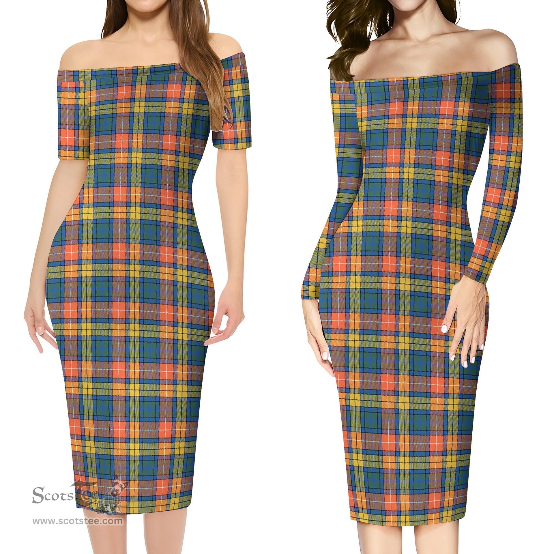 Buchanan Ancient Tartan Off Shoulder Lady Dress Tartan Plaid Long Dress - ScotsTee Shop