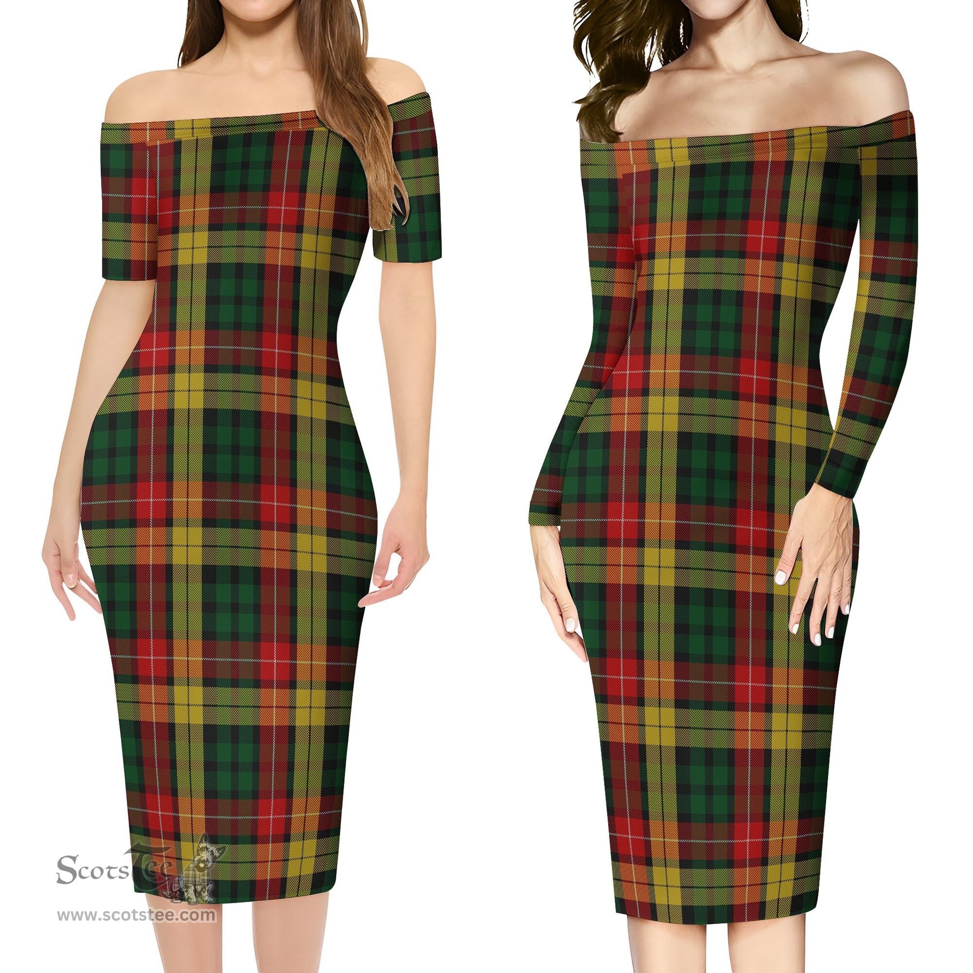 Buchanan Tartan Off Shoulder Lady Dress Tartan Plaid Long Dress - ScotsTee Shop