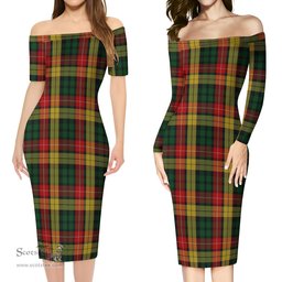 Buchanan Tartan Off Shoulder Lady Dress Tartan Plaid Long Dress - ScotsTee Shop
