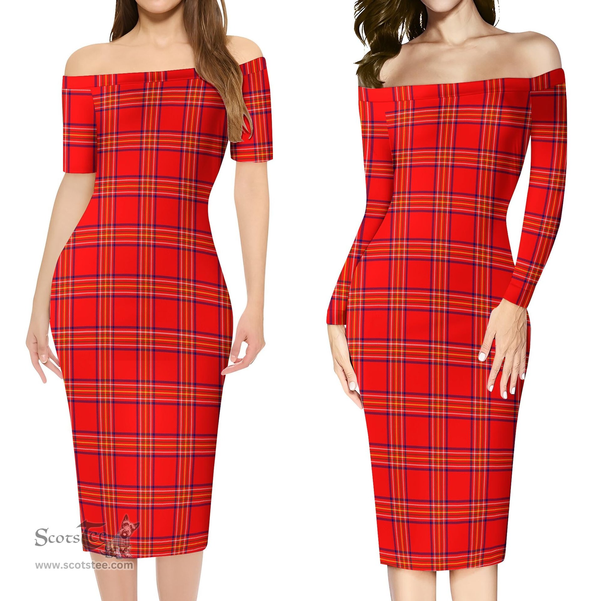 Burnett Modern Tartan Off Shoulder Lady Dress Tartan Plaid Long Dress - ScotsTee Shop