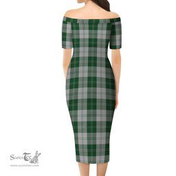 Erskine Green Tartan Off Shoulder Lady Dress Tartan Plaid Long Dress - ScotsTee Shop