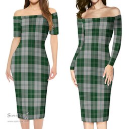 Erskine Green Tartan Off Shoulder Lady Dress Tartan Plaid Long Dress - ScotsTee Shop