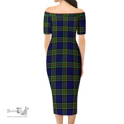Colquhoun Modern Tartan Off Shoulder Lady Dress Tartan Plaid Long Dress - ScotsTee Shop