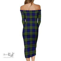 Colquhoun Modern Tartan Off Shoulder Lady Dress Tartan Plaid Long Dress - ScotsTee Shop