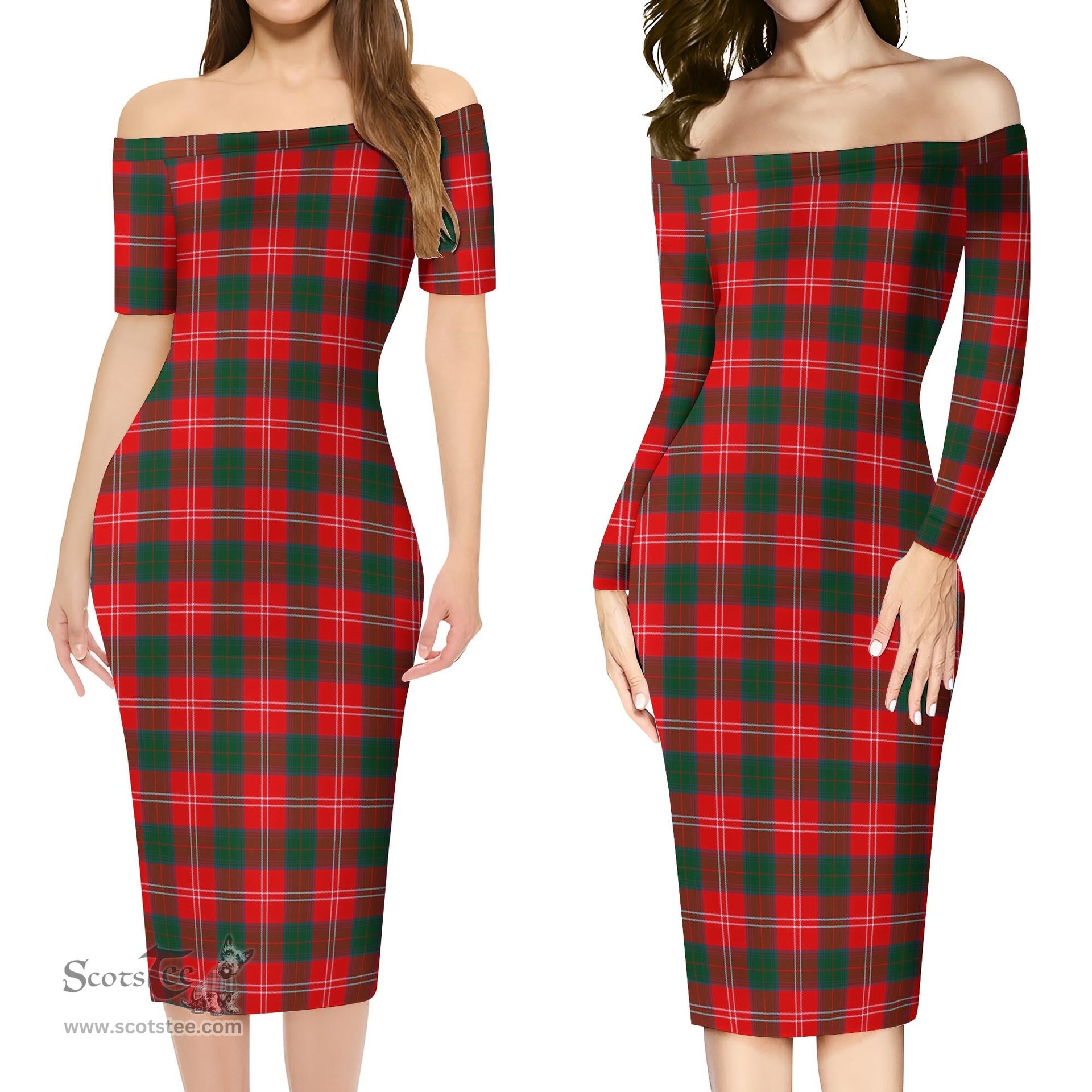 Chisholm Modern Tartan Off Shoulder Lady Dress Tartan Plaid Long Dress - ScotsTee Shop