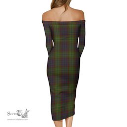 Cunningham Hunting Modern Tartan Off Shoulder Lady Dress Tartan Plaid Long Dress - ScotsTee Shop