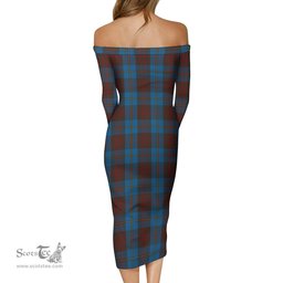 Cameron Hunting Tartan Off Shoulder Lady Dress Tartan Plaid Long Dress - ScotsTee Shop