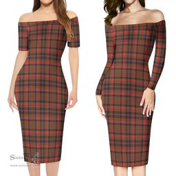Cumming Hunting Weathered Tartan Off Shoulder Lady Dress Tartan Plaid Long Dress - ScotsTee Shop