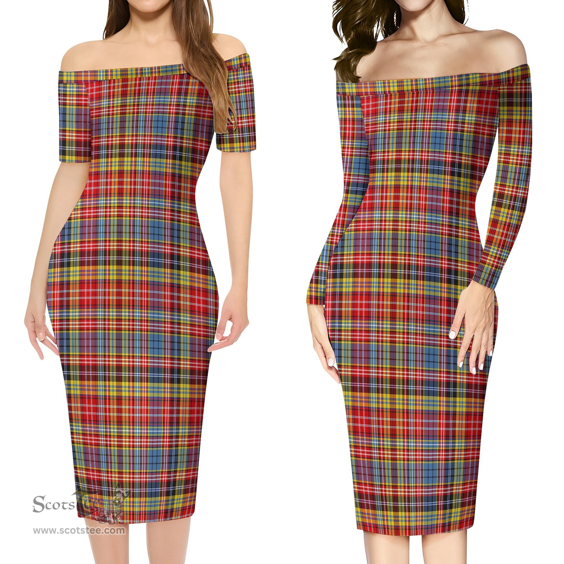 Drummond of Strathallan Modern Tartan Off Shoulder Lady Dress Tartan Plaid Long Dress - ScotsTee Shop