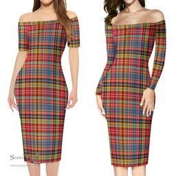 Drummond of Strathallan Modern Tartan Off Shoulder Lady Dress Tartan Plaid Long Dress - ScotsTee Shop