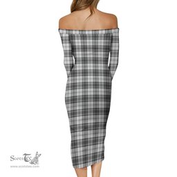 Douglas Grey Modern Tartan Off Shoulder Lady Dress Tartan Plaid Long Dress - ScotsTee Shop