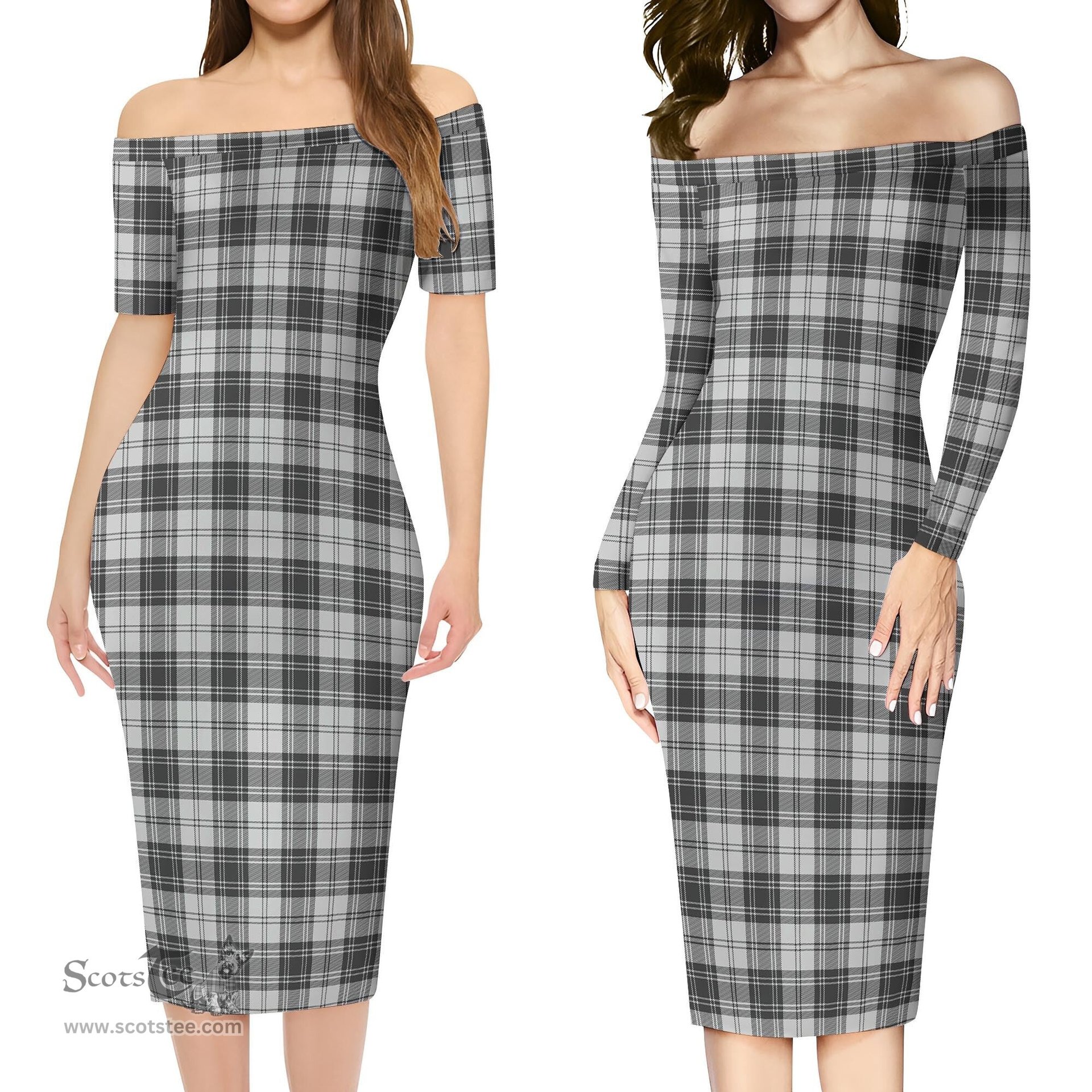 Douglas Grey Modern Tartan Off Shoulder Lady Dress Tartan Plaid Long Dress - ScotsTee Shop