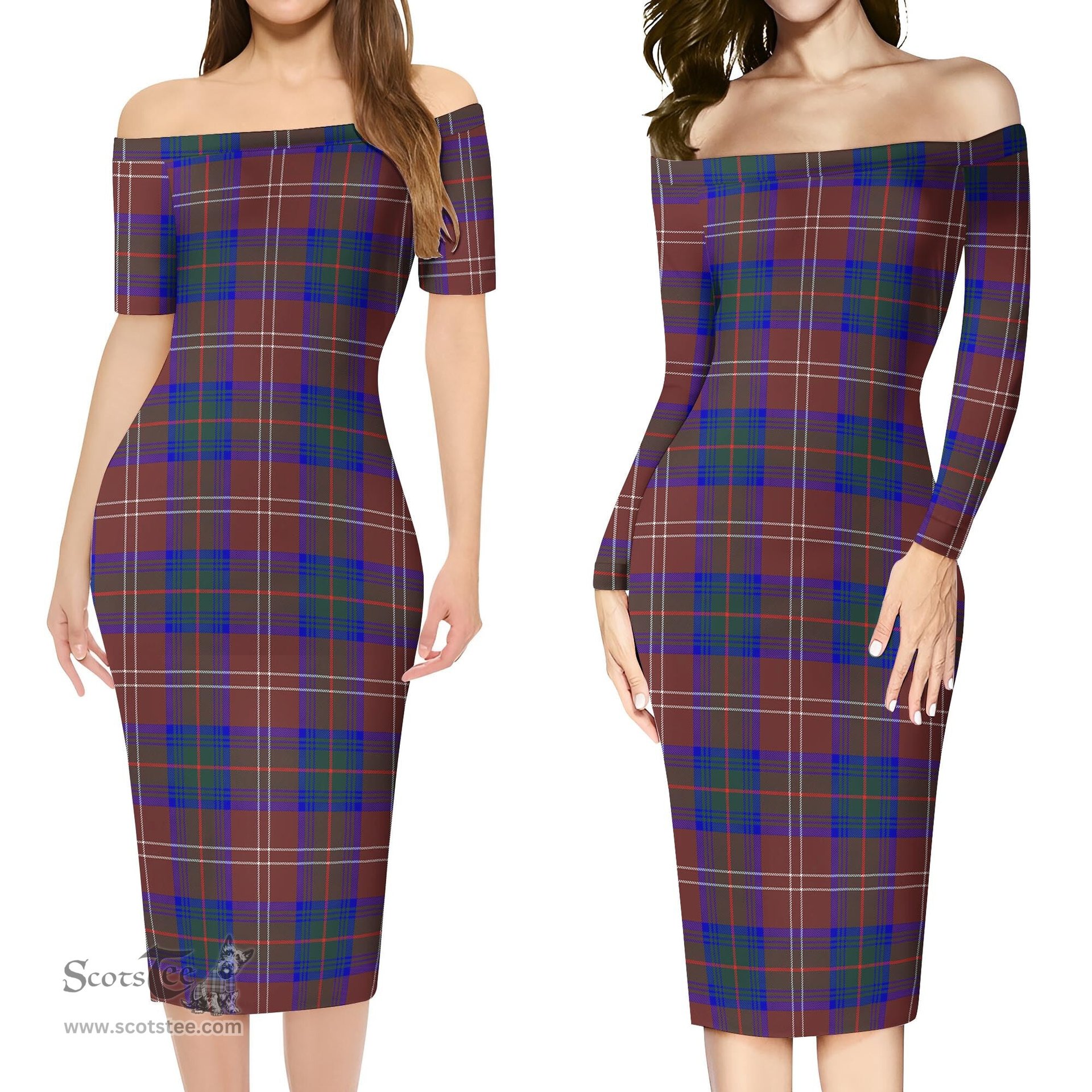 Chisholm Hunting Modern Tartan Off Shoulder Lady Dress Tartan Plaid Long Dress - ScotsTee Shop