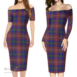 Chisholm Hunting Modern Tartan Off Shoulder Lady Dress Tartan Plaid Long Dress - ScotsTee Shop