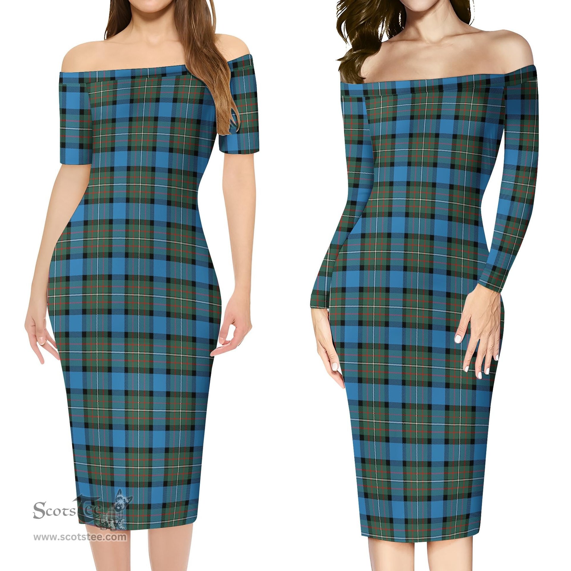 Fergusson Ancient Tartan Off Shoulder Lady Dress Tartan Plaid Long Dress - ScotsTee Shop