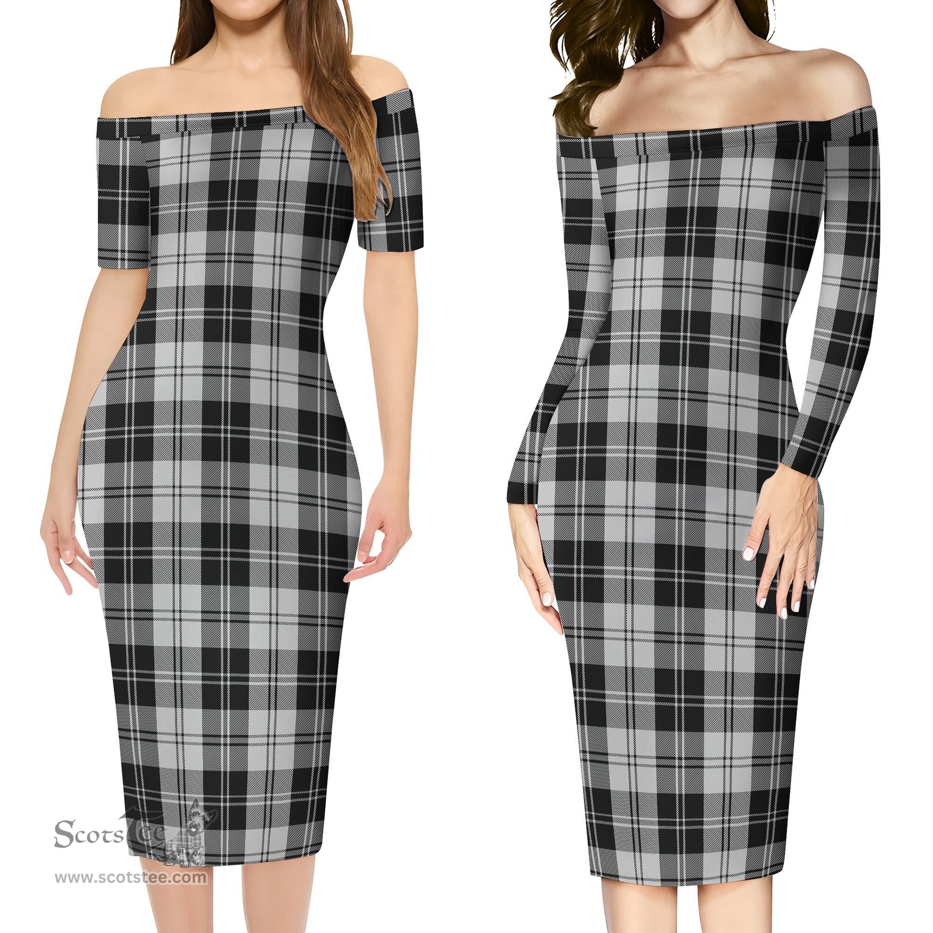 Erskine Black and White Tartan Off Shoulder Lady Dress Tartan Plaid Long Dress - ScotsTee Shop
