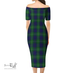 Hamilton Green Hunting Tartan Off Shoulder Lady Dress Tartan Plaid Long Dress - ScotsTee Shop
