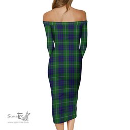 Hamilton Green Hunting Tartan Off Shoulder Lady Dress Tartan Plaid Long Dress - ScotsTee Shop