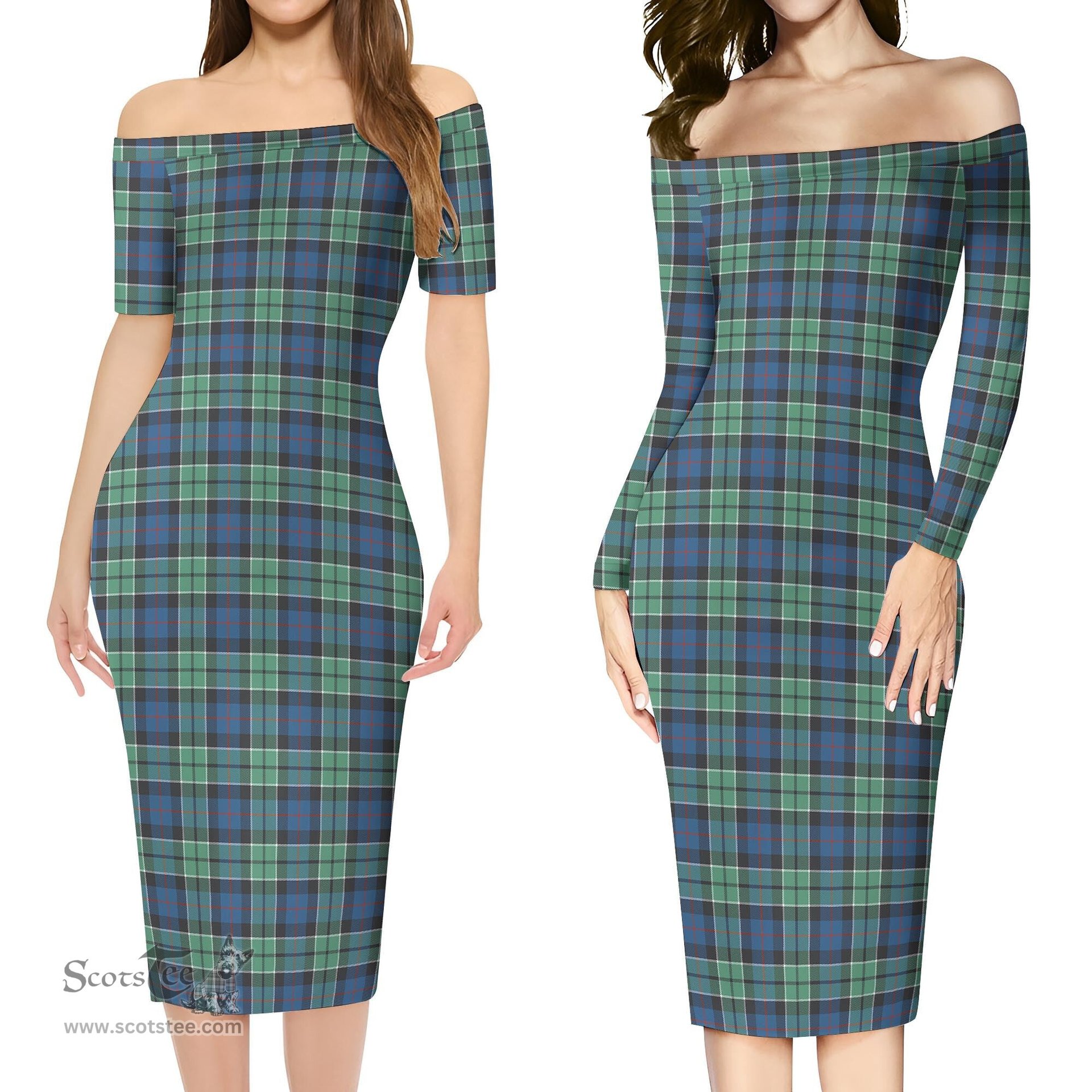 Leslie Hunting Ancient Tartan Off Shoulder Lady Dress Tartan Plaid Long Dress - ScotsTee Shop