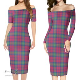 Lindsay Ancient Tartan Off Shoulder Lady Dress Tartan Plaid Long Dress - ScotsTee Shop