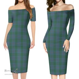Irvine of Drum Tartan Off Shoulder Lady Dress Tartan Plaid Long Dress - ScotsTee Shop