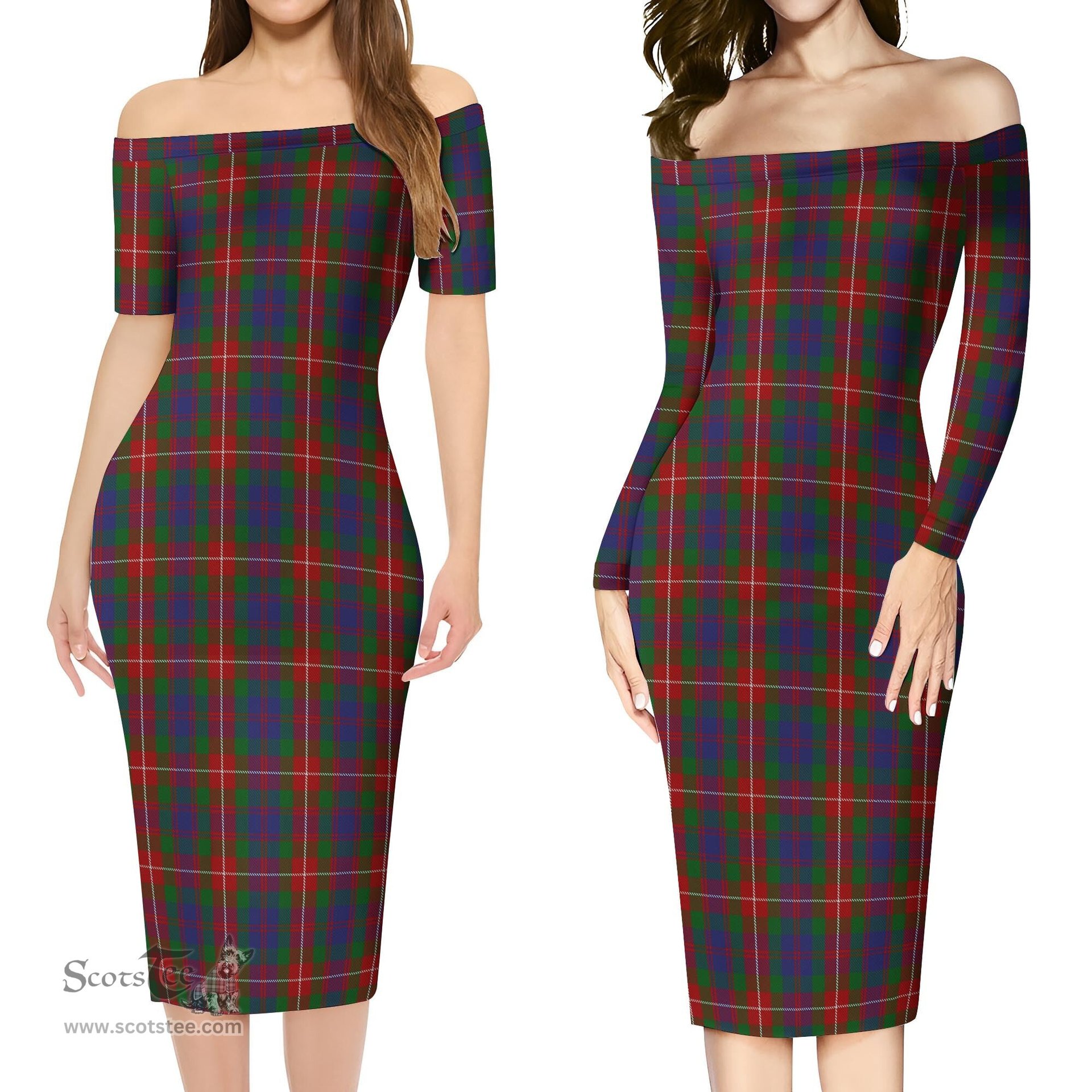 Fraser of Lovat Tartan Off Shoulder Lady Dress Tartan Plaid Long Dress - ScotsTee Shop
