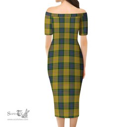 Fraser Yellow Tartan Off Shoulder Lady Dress Tartan Plaid Long Dress - ScotsTee Shop