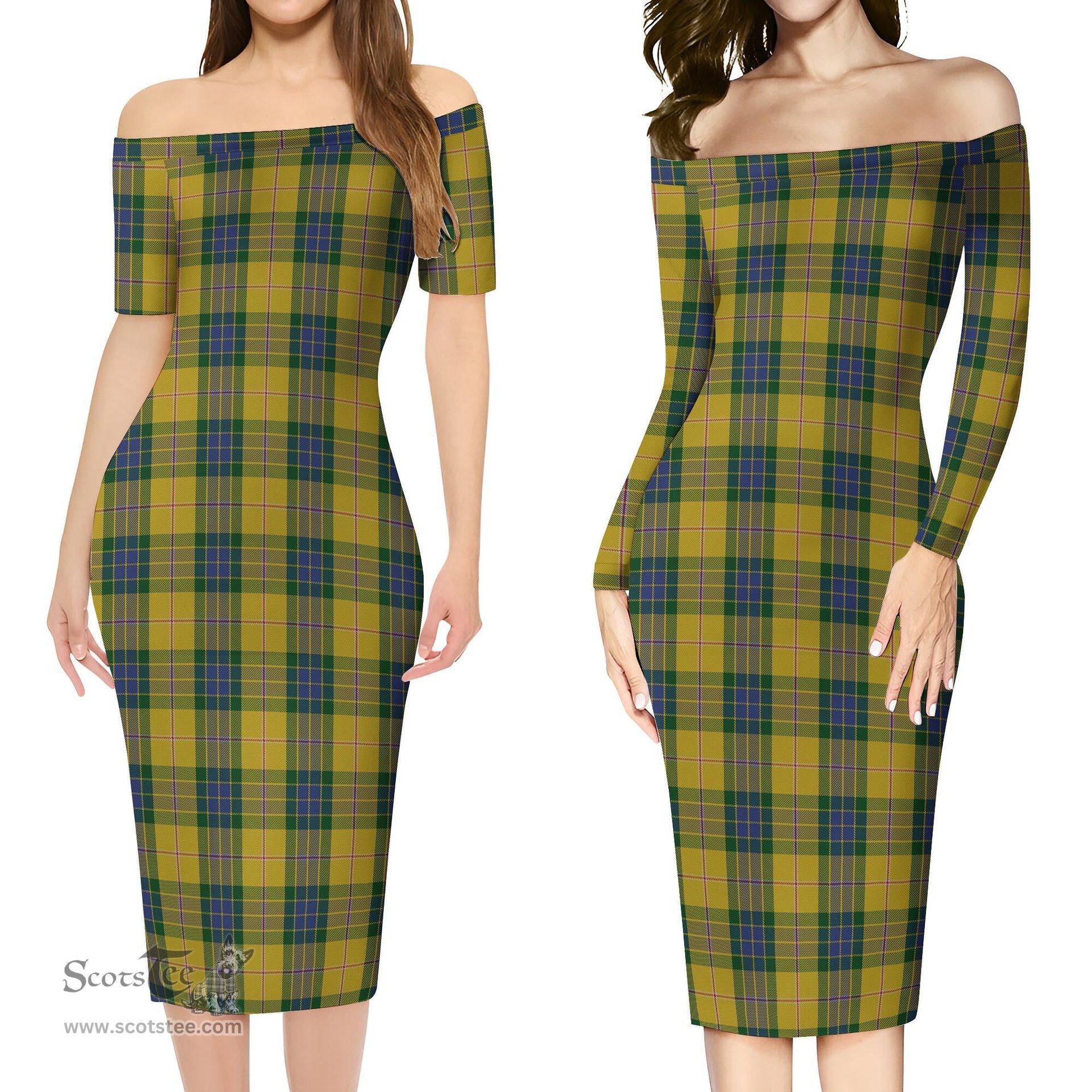 Fraser Yellow Tartan Off Shoulder Lady Dress Tartan Plaid Long Dress - ScotsTee Shop