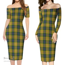 Fraser Yellow Tartan Off Shoulder Lady Dress Tartan Plaid Long Dress - ScotsTee Shop