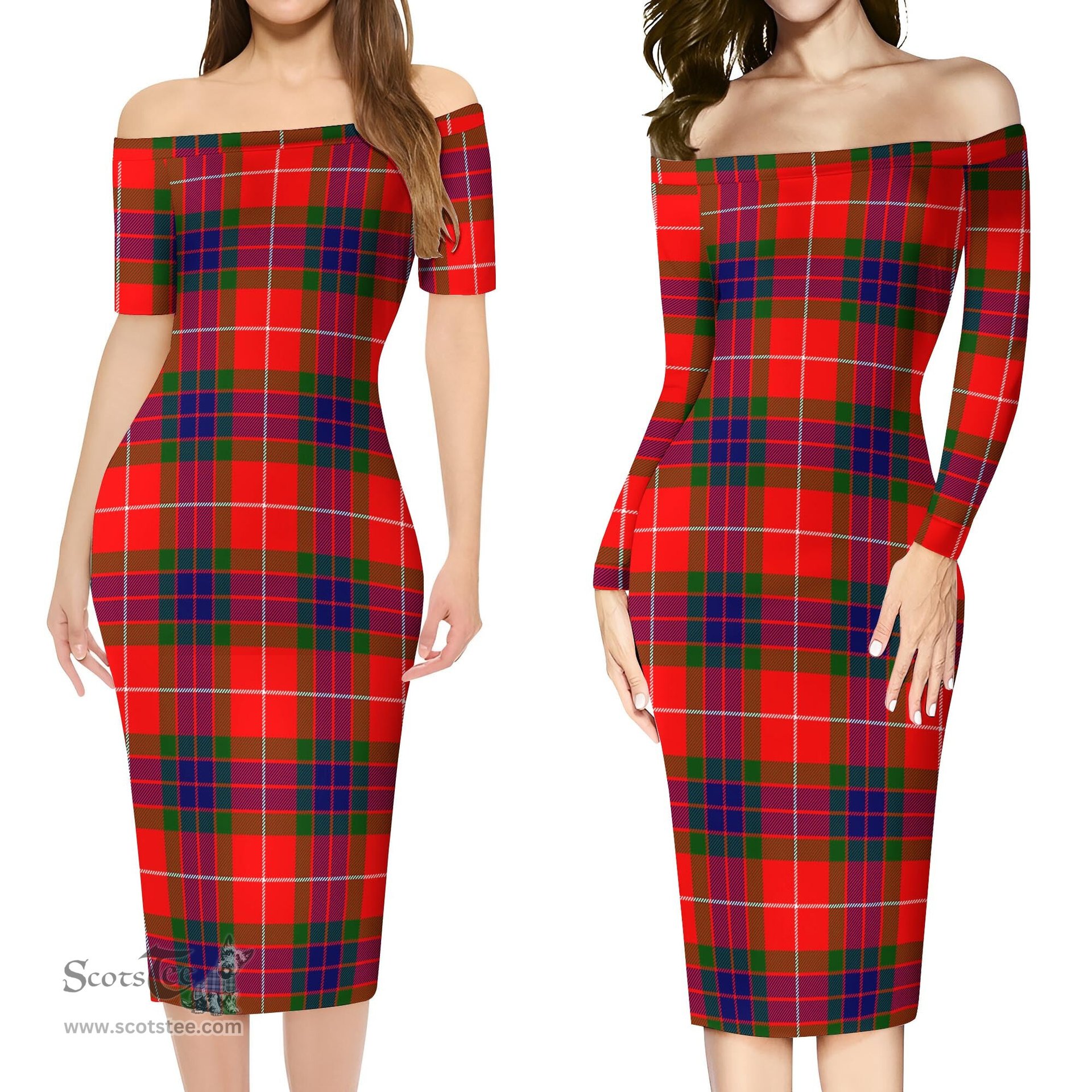 Fraser Modern Tartan Off Shoulder Lady Dress Tartan Plaid Long Dress - ScotsTee Shop