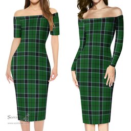 Innes Hunting Tartan Off Shoulder Lady Dress Tartan Plaid Long Dress - ScotsTee Shop