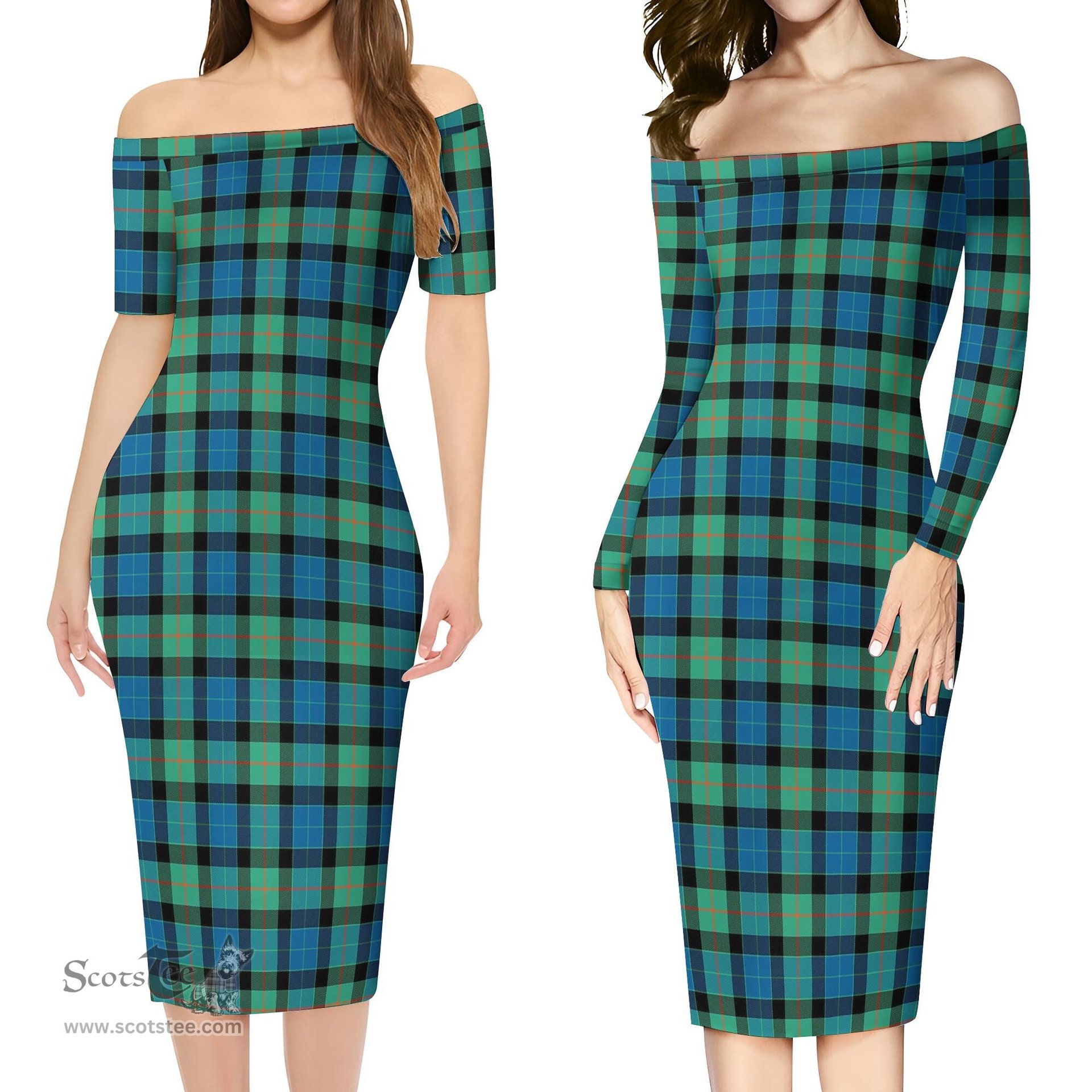 Gunn Ancient Tartan Off Shoulder Lady Dress Tartan Plaid Long Dress - ScotsTee Shop