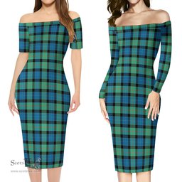 Gunn Ancient Tartan Off Shoulder Lady Dress Tartan Plaid Long Dress - ScotsTee Shop
