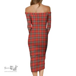 Fraser Weathered Tartan Off Shoulder Lady Dress Tartan Plaid Long Dress - ScotsTee Shop