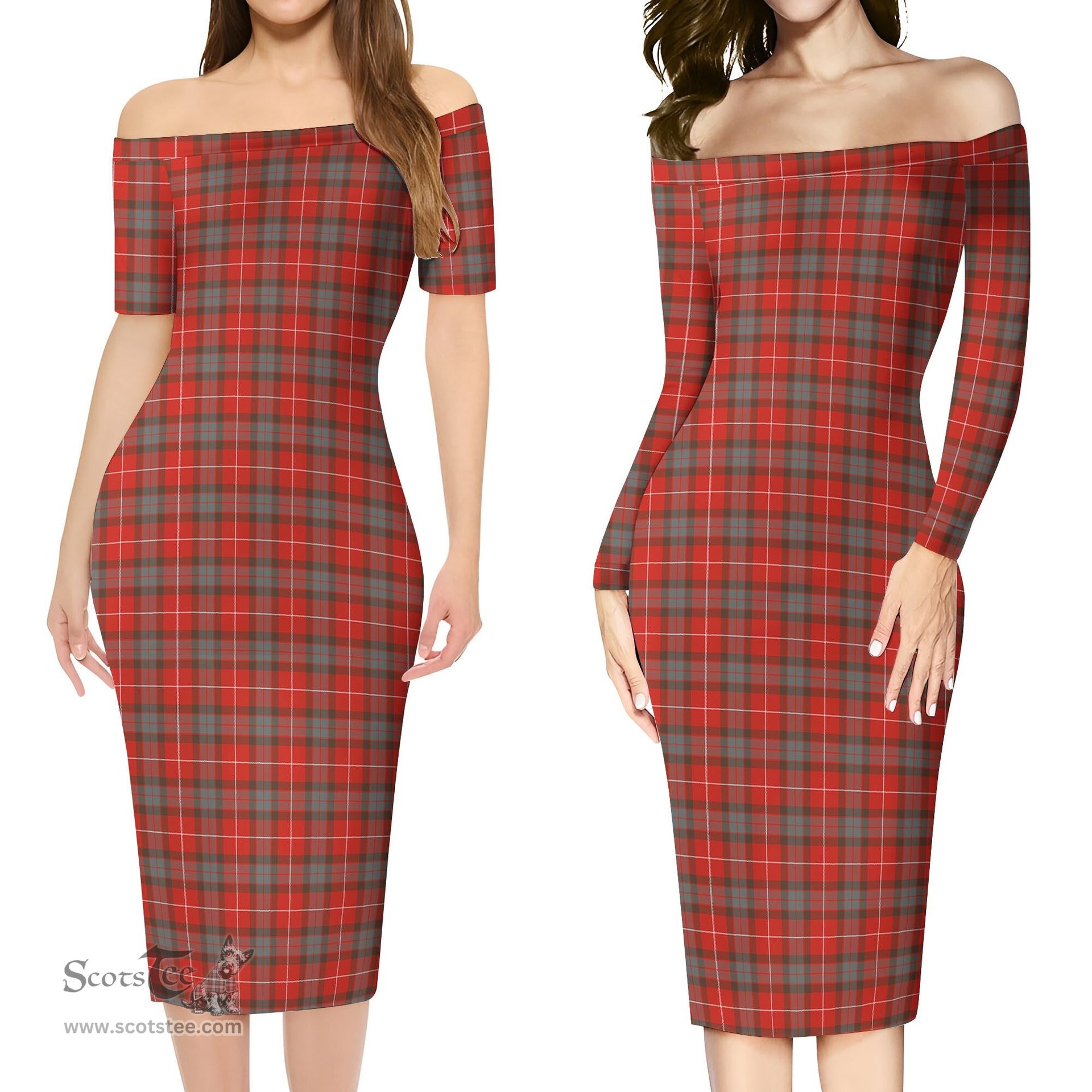Fraser Weathered Tartan Off Shoulder Lady Dress Tartan Plaid Long Dress - ScotsTee Shop