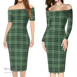 MacDonald Lord of the Isles Hunting Tartan Off Shoulder Lady Dress Tartan Plaid Long Dress - ScotsTee Shop