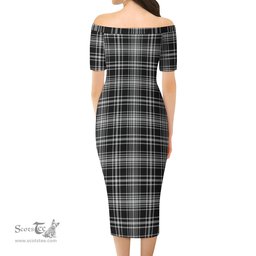 MacLean Black and White Tartan Off Shoulder Lady Dress Tartan Plaid Long Dress - ScotsTee Shop