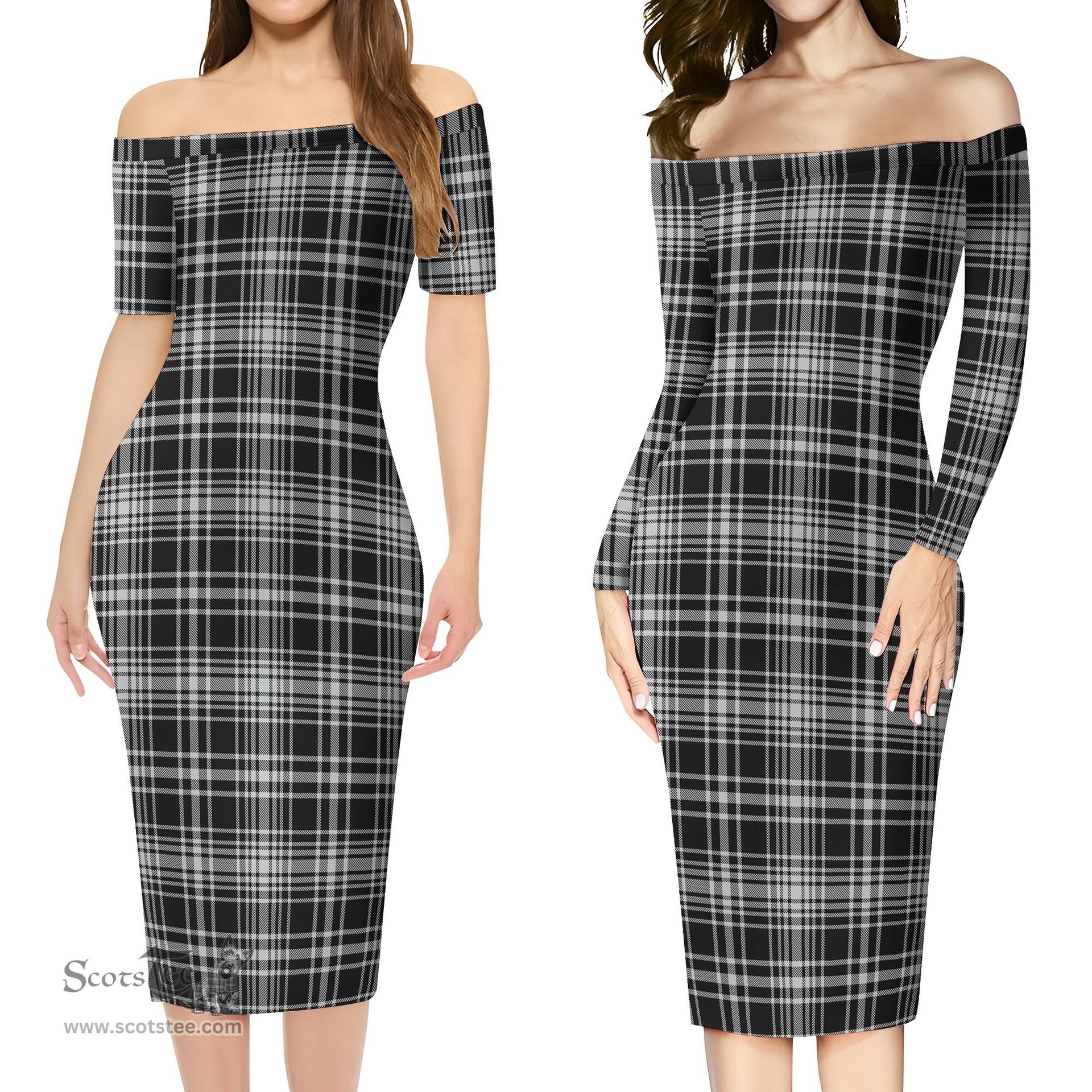 MacLean Black and White Tartan Off Shoulder Lady Dress Tartan Plaid Long Dress - ScotsTee Shop
