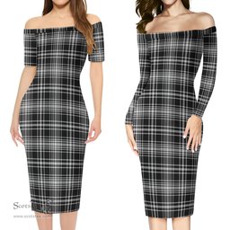 MacLean Black and White Tartan Off Shoulder Lady Dress Tartan Plaid Long Dress - ScotsTee Shop