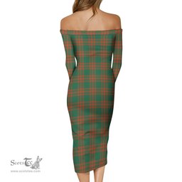 Menzies Green Ancient Tartan Off Shoulder Lady Dress Tartan Plaid Long Dress - ScotsTee Shop