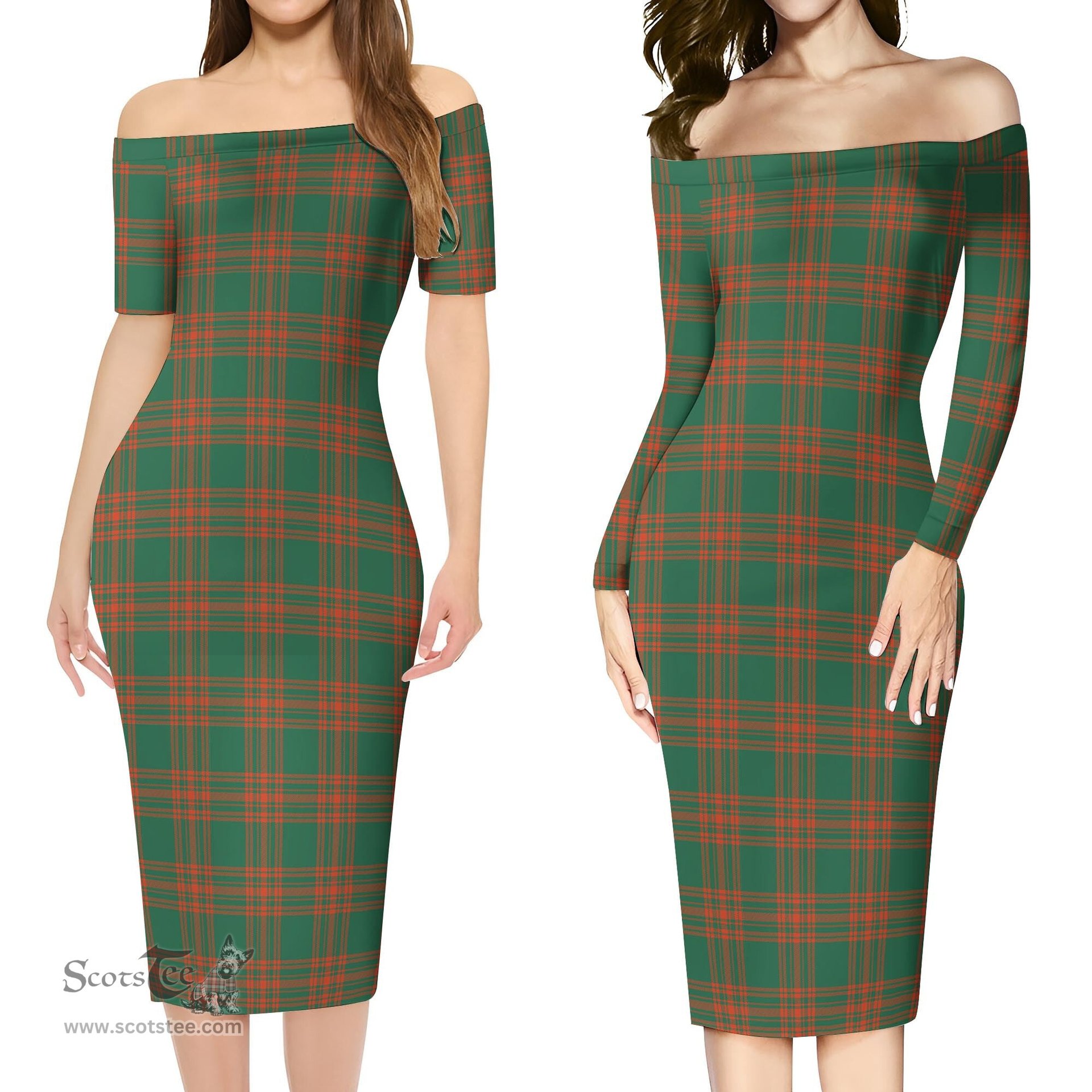 Menzies Green Ancient Tartan Off Shoulder Lady Dress Tartan Plaid Long Dress - ScotsTee Shop