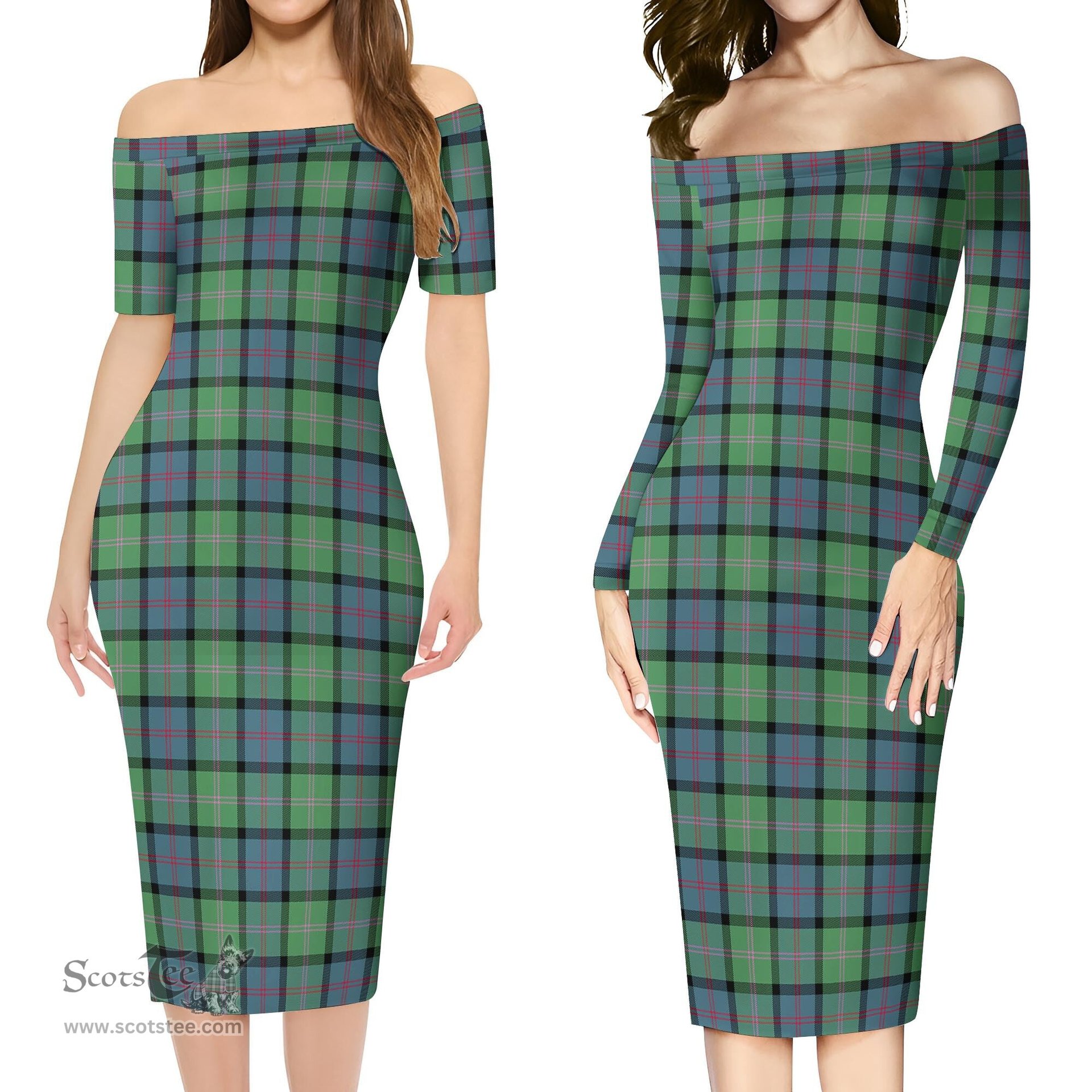 MacThomas Ancient Tartan Off Shoulder Lady Dress Tartan Plaid Long Dress - ScotsTee Shop
