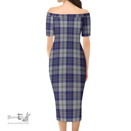 MacPherson Dress Blue Tartan Off Shoulder Lady Dress Tartan Plaid Long Dress - ScotsTee Shop