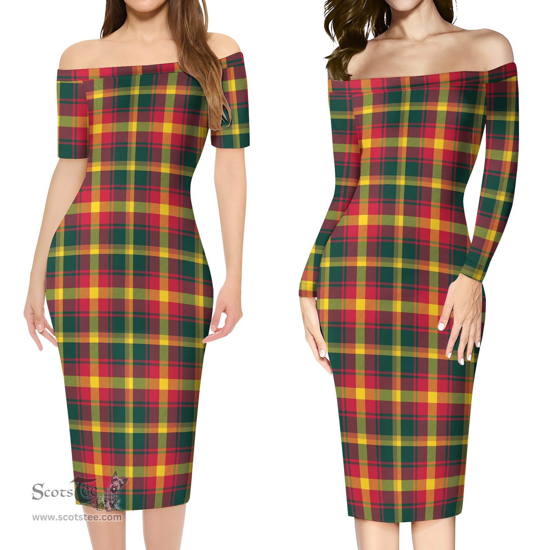 Maple Leaf Canada Tartan Off Shoulder Lady Dress Tartan Plaid Long Dress - ScotsTee Shop