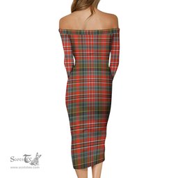 MacPherson Weathered Tartan Off Shoulder Lady Dress Tartan Plaid Long Dress - ScotsTee Shop