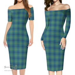 Oliphant Ancient Tartan Off Shoulder Lady Dress Tartan Plaid Long Dress - ScotsTee Shop