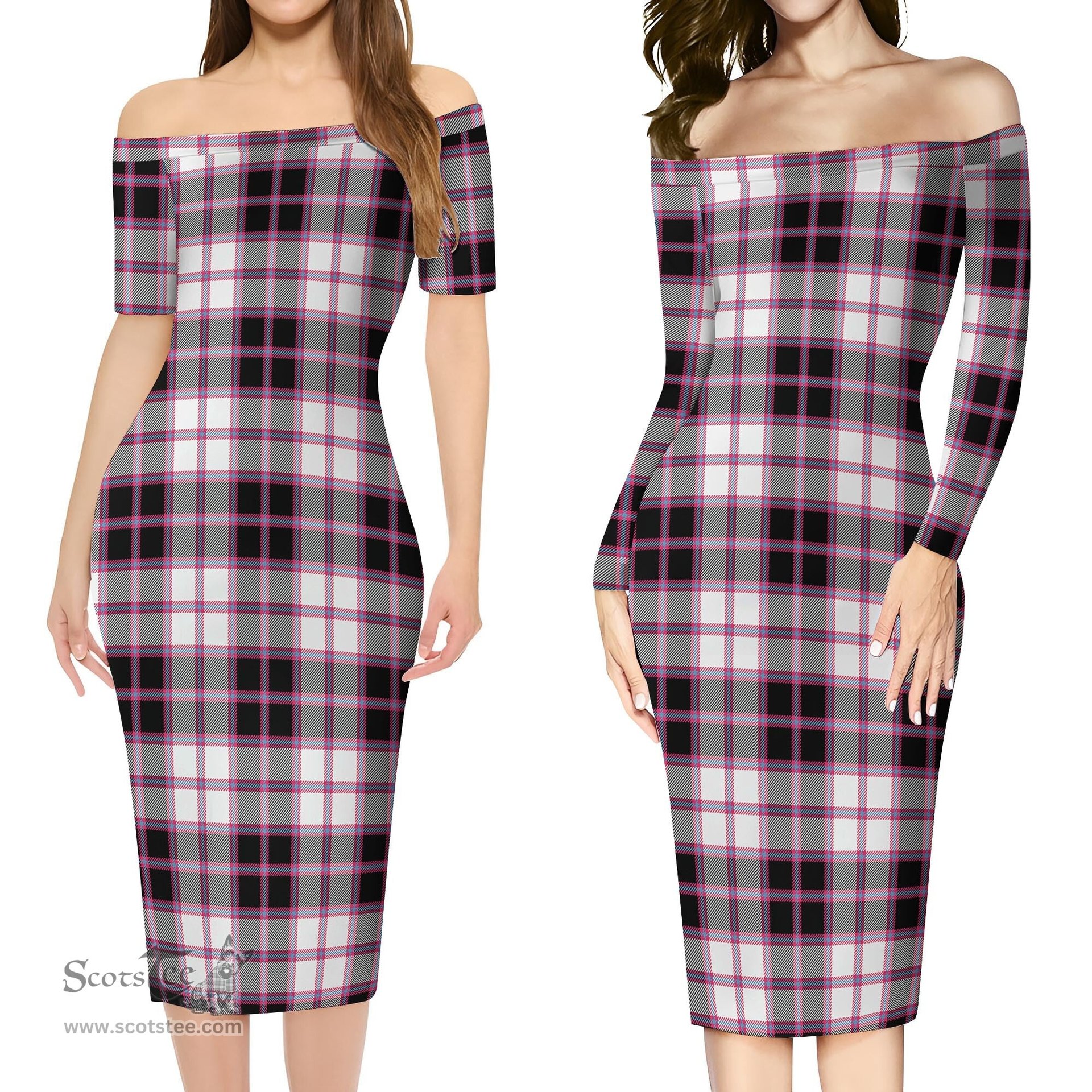 MacPherson Hunting Modern Tartan Off Shoulder Lady Dress Tartan Plaid Long Dress - ScotsTee Shop