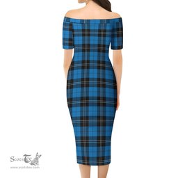 Ramsay Blue Ancient Tartan Off Shoulder Lady Dress Tartan Plaid Long Dress - ScotsTee Shop