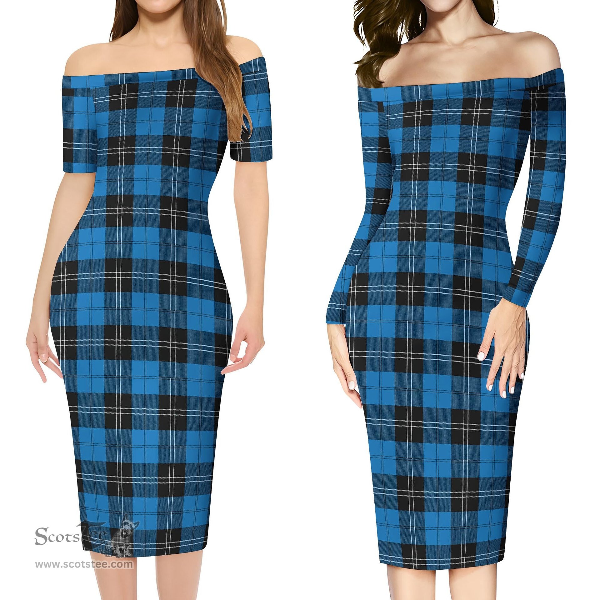 Ramsay Blue Ancient Tartan Off Shoulder Lady Dress Tartan Plaid Long Dress - ScotsTee Shop