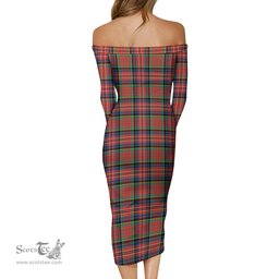 MacPherson Ancient Tartan Off Shoulder Lady Dress Tartan Plaid Long Dress - ScotsTee Shop